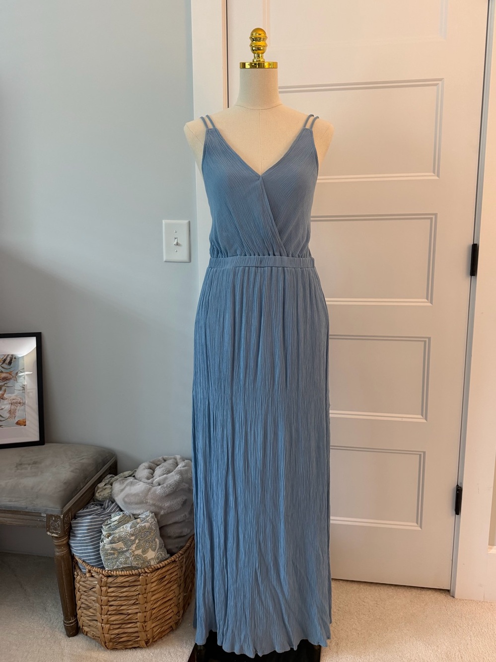Lulu's Dusty Blue Backless Pleated Maxi Dress with V-Neck - Picture 1 of 5